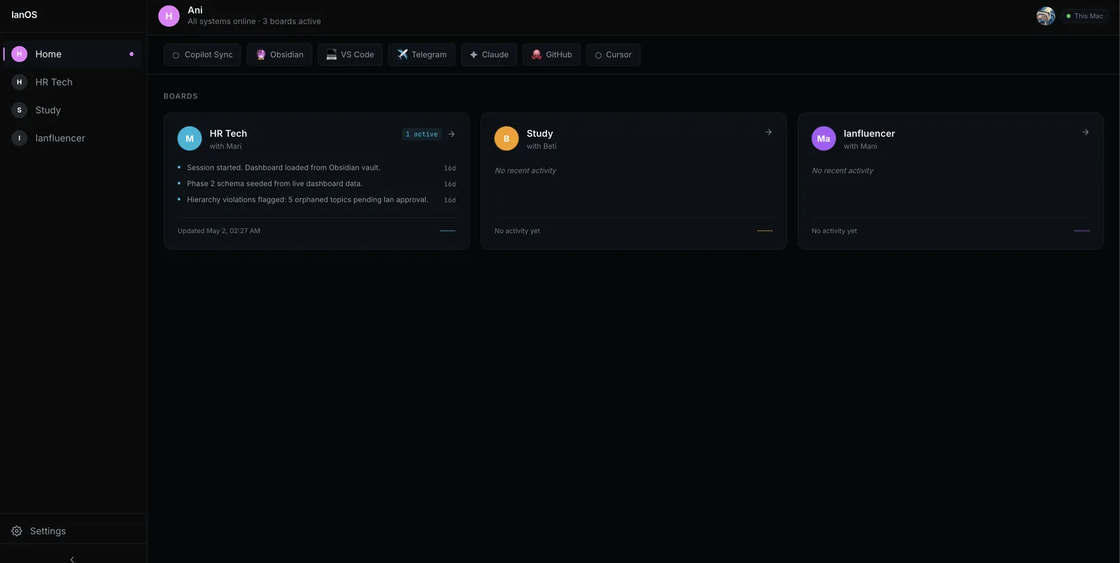 IanOS home dashboard with active boards